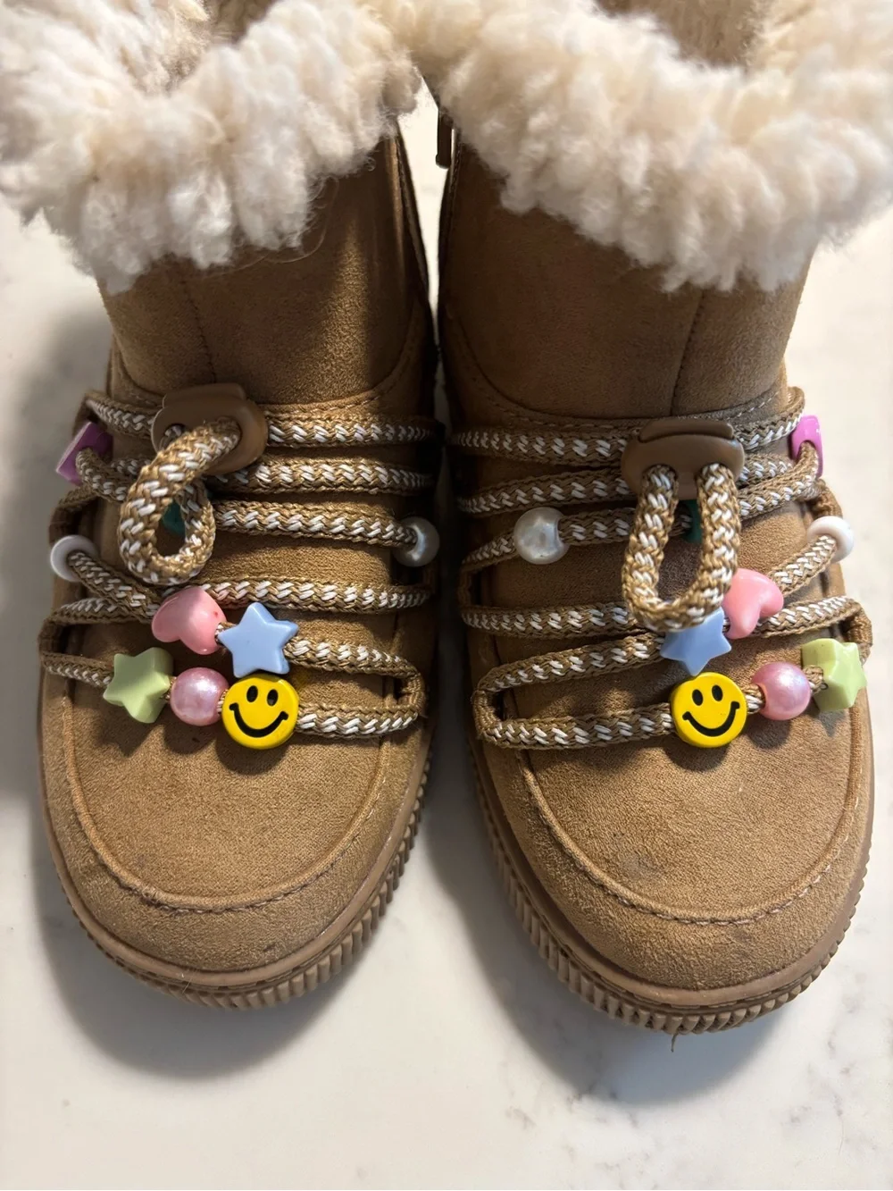 Cat & Jack Tan Faux-Shearling Kids Boot with Colorful Charm Accents
